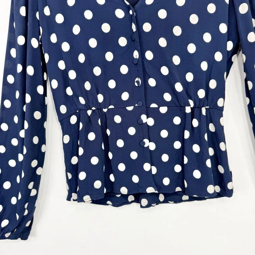 J. Crew Navy Blue White Polka Dot Crepe V Neck Button Front Peplum Blouse